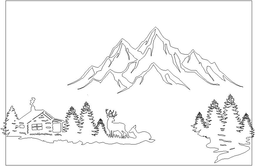 Заказать чертеж панно на стену лес изба горы